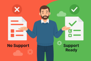 A flat-style illustration of a man shrugging between two sections labeled "No Support" with a red X and "Support Ready" with a green checkmark, representing the decision and confusion around AWS FTR support tier requirements.