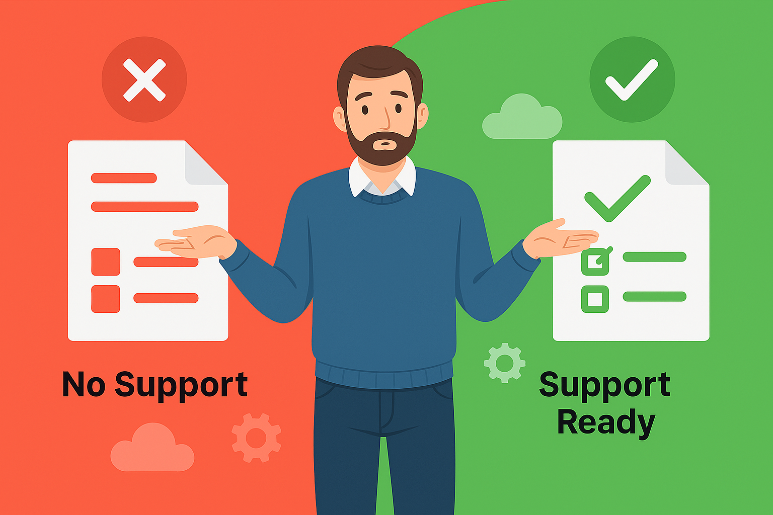 A flat-style illustration of a man shrugging between two sections labeled "No Support" with a red X and "Support Ready" with a green checkmark, representing the decision and confusion around AWS FTR support tier requirements.