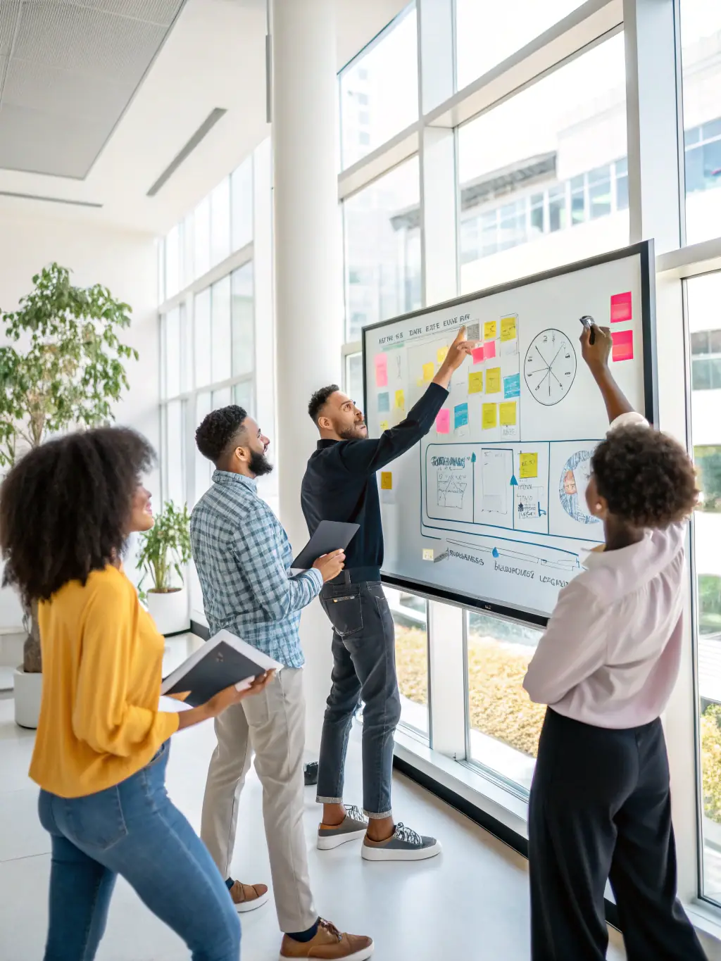 A professional photograph of a diverse team of ISV professionals collaborating in a modern office setting, brainstorming and strategizing around a whiteboard filled with AWS-related diagrams and GTM plans, symbolizing the collaborative nature of Fractivo's GTM Accelerator program.